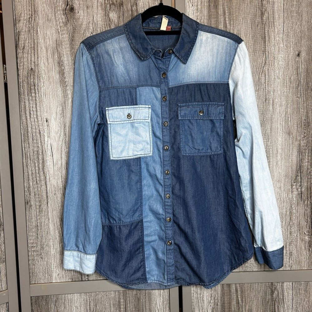 Anthropologie Pilcro Denim Shirt Color Block Long Sleeves Size S